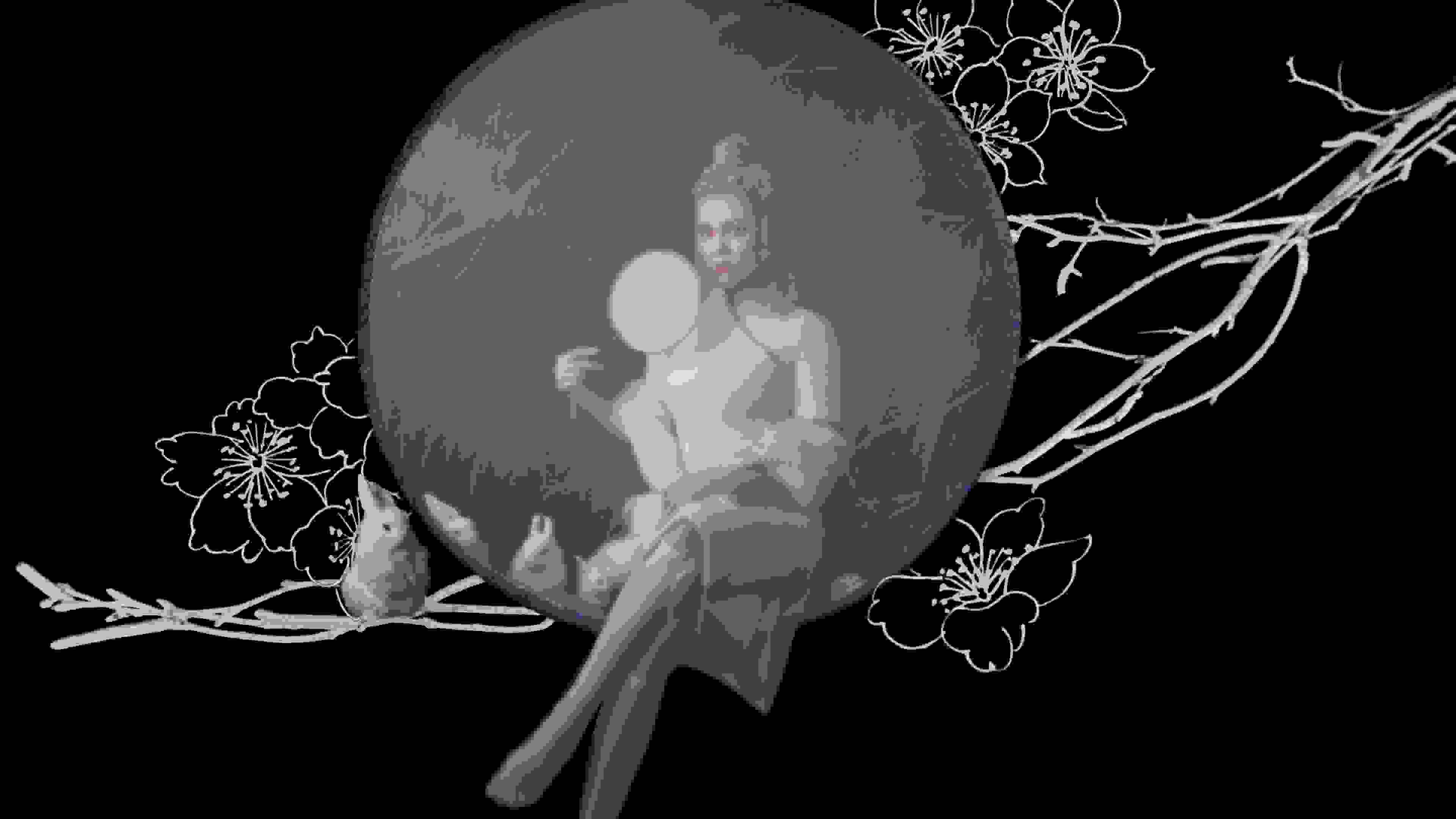 A photograph of a woman with blond hair wearing a white dress and stockings, holding a white circular fan up to her face. Her face is painted white and she is staring at the camera, sitting with her legs crossed. Around her is a gray circle, suspended in front of a white group of branches and white flowers against a black background. Sitting on the branches is a white bunny. Within the gray circle are three more white bunnies.