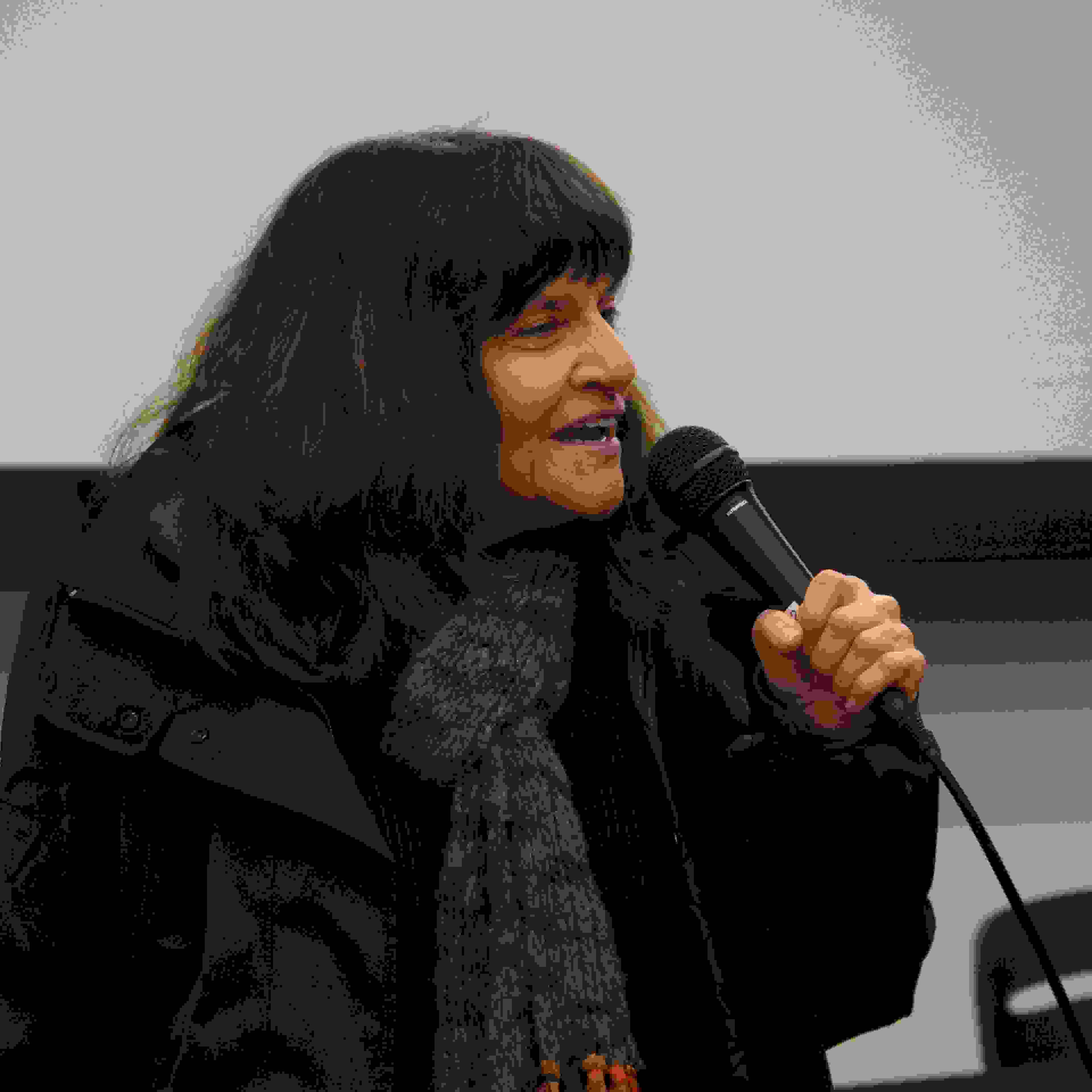 Image of a woman speaking into a microphone wearing a scarf.