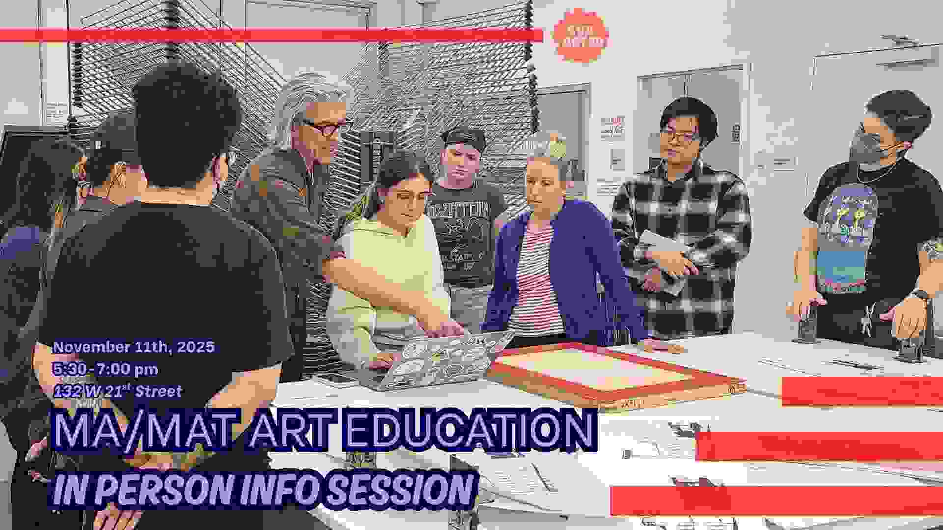 A group of people over look as an instructor with glasses points to a student's laptop screen in a printmaking studio where a printmaking screen lies on the table in front of them.