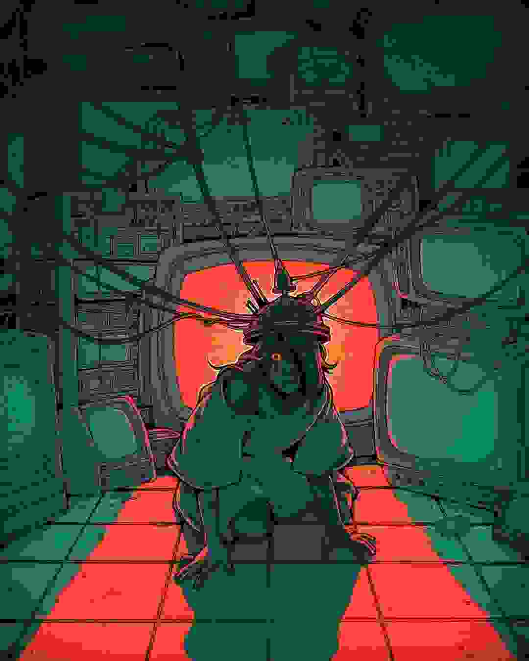 A drawing of a girl on her hands and knees looks at the viewer, crying. There's a helmet on her hooked up to the many screens behind her.