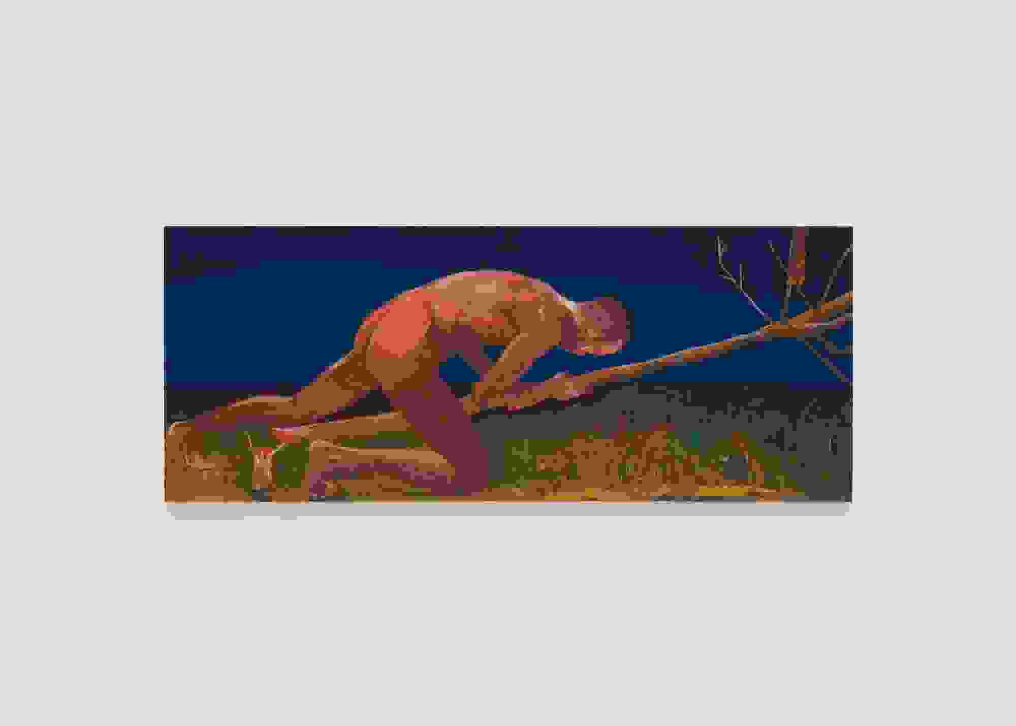 Painting of a man pushing over a tree by Anthony Cudahy, entitled Death instinct (for Bergman, for Tarkovsky), 2024. Oil on linen, 4 x 10 ft.