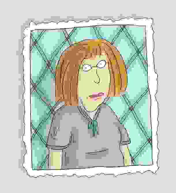 Self-portrait illustration by Roz Chast against a blue diamond-shaped background, with a drawn torn edge around the portrait.