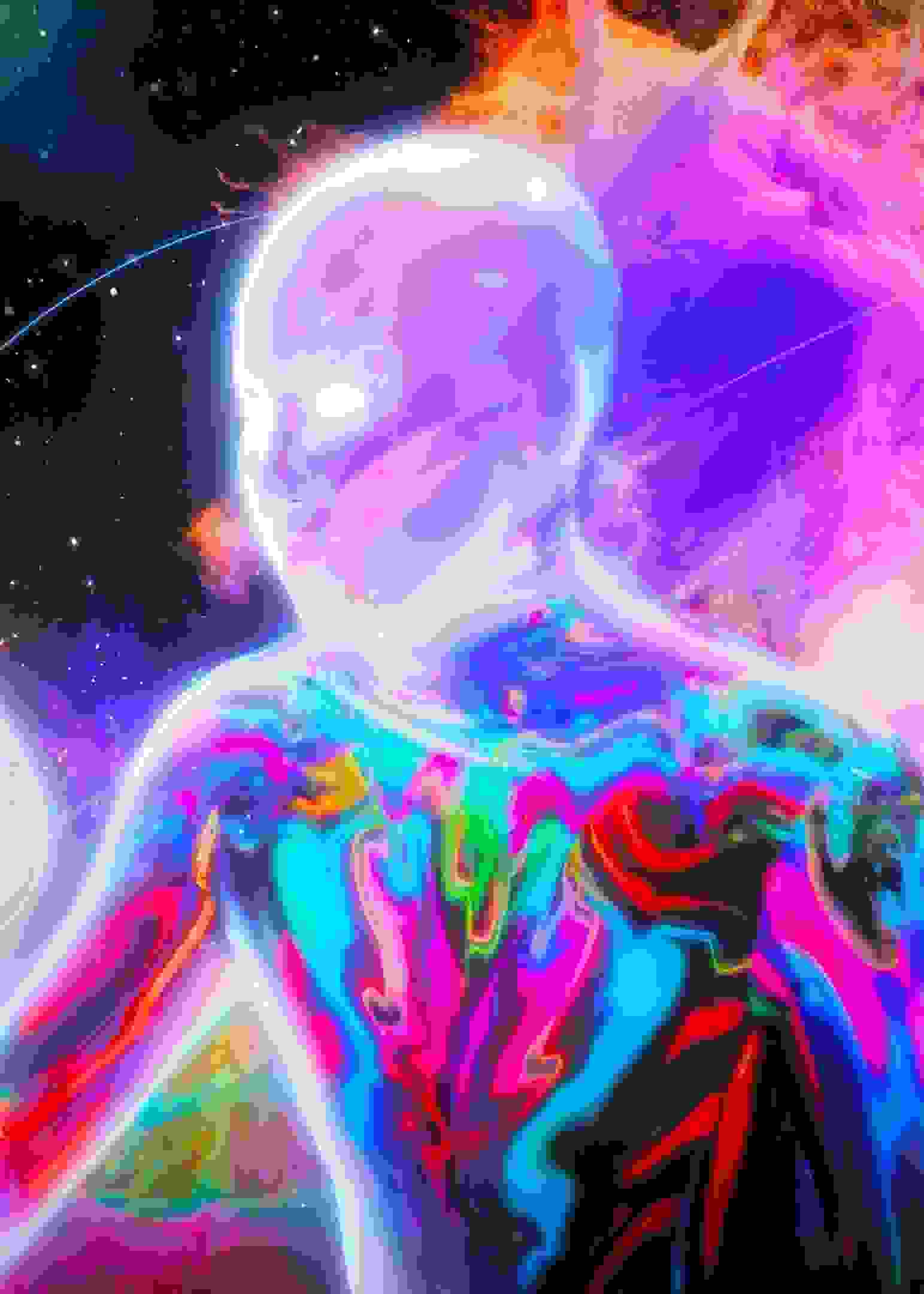 A translucent humanoid figure with vibrant neon colors flowing across their body stands in profile against a cosmic backdrop featuring a spiral galaxy, explosive nebula clouds, and a star-filled space.