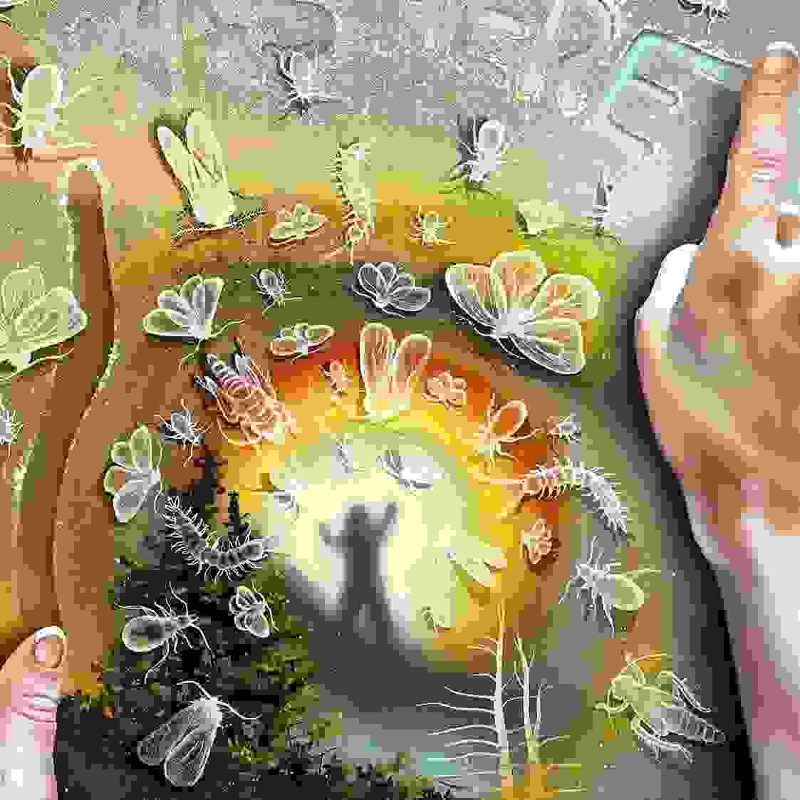 Two hands rest atop a surface, the left drawing vertical lines with their fingers, the right pointing creating the words "I Was Here" out of a sandy texture. Below this semi-transparent texture is a forested landscape with a figure standing atop a mountain as a rainbow radiates around them.