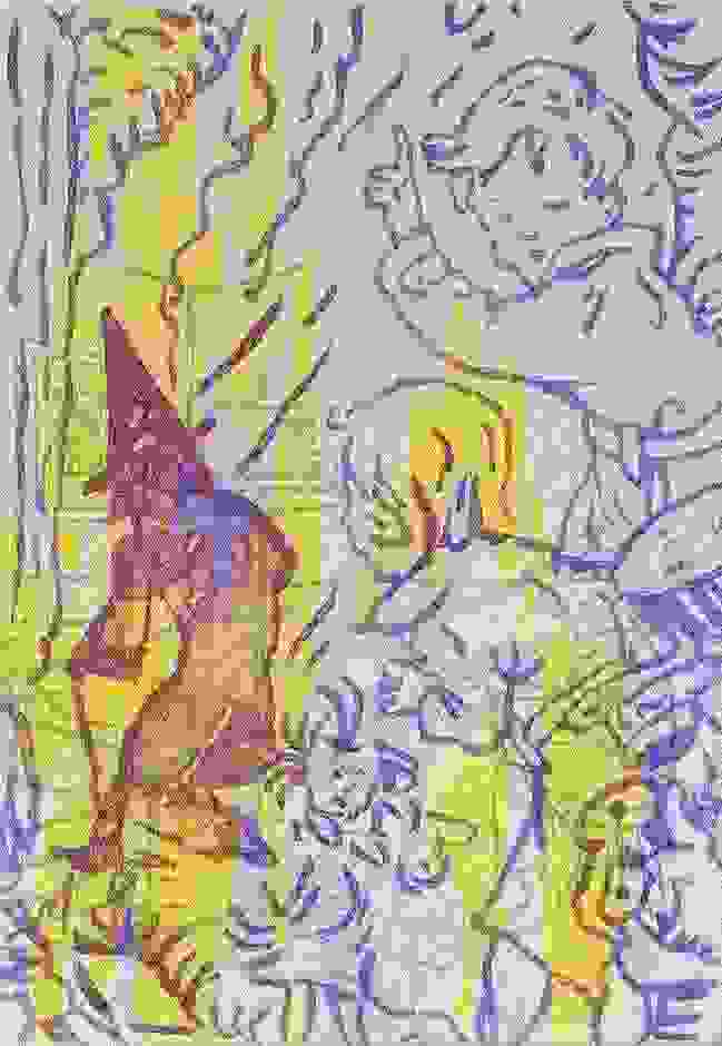 Painting of printed childhood images in purple and yellow.