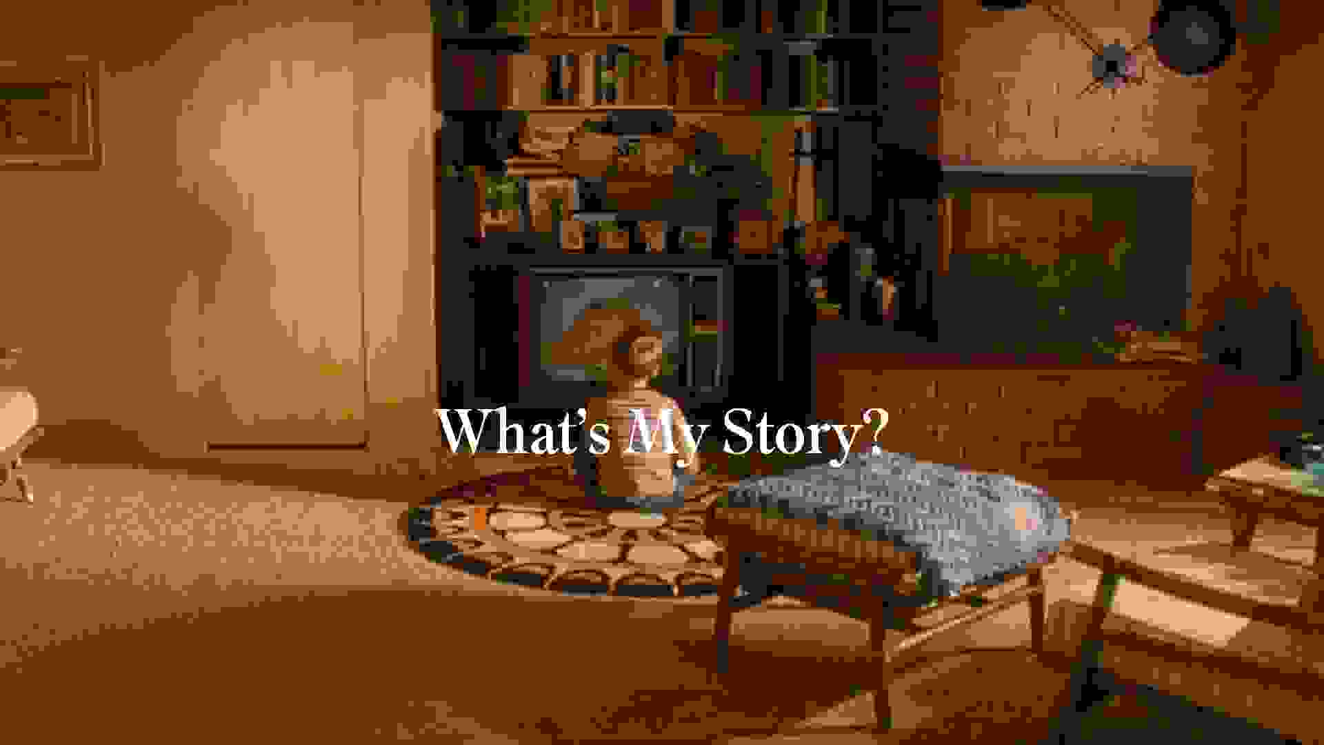 A small boy sits in the living room, staring at a TV; the text, "What's My Story?" appears in white in the center of the image.