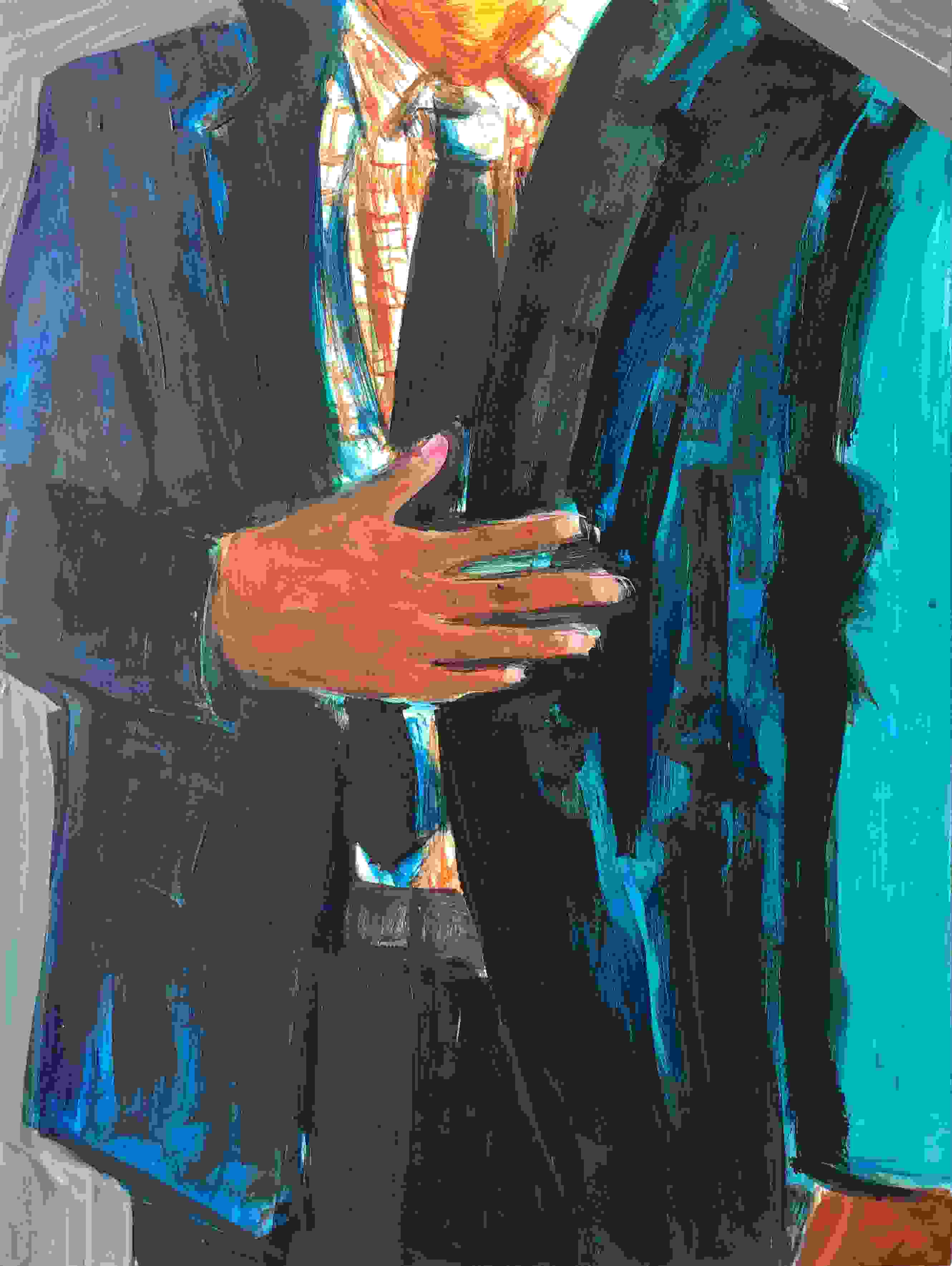 Painting of a man's torso.  The man is wearing a blue suit jacket and his hand is resting on his stomach.