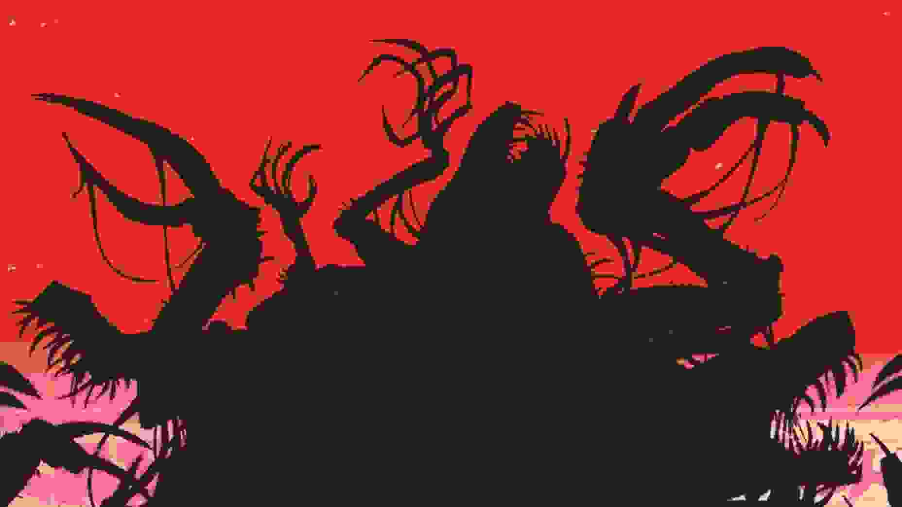 A black and red illustration of the silhouette of a monster.