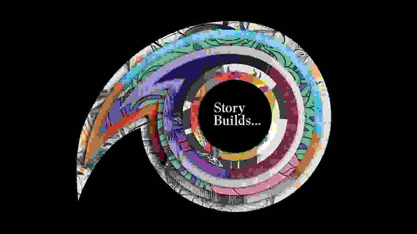 Apostrophe graphic of many colorful layered with the text, "Story Builds" in the center.