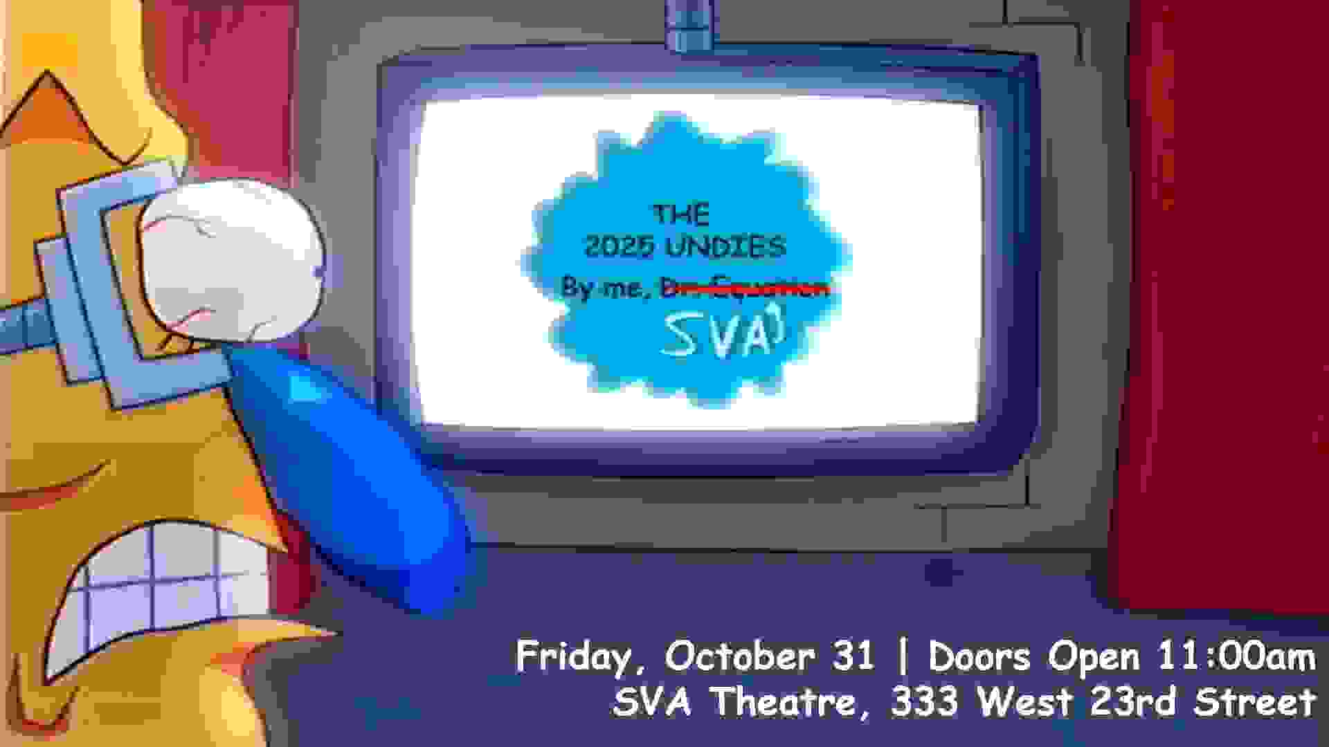 A robot arm holds open the eyelids of a man with a large blue nose who is being forced to look at a screen on the wall with a flower shape. Text within the flower shape reads "The 2025 Undies By me, SVA"