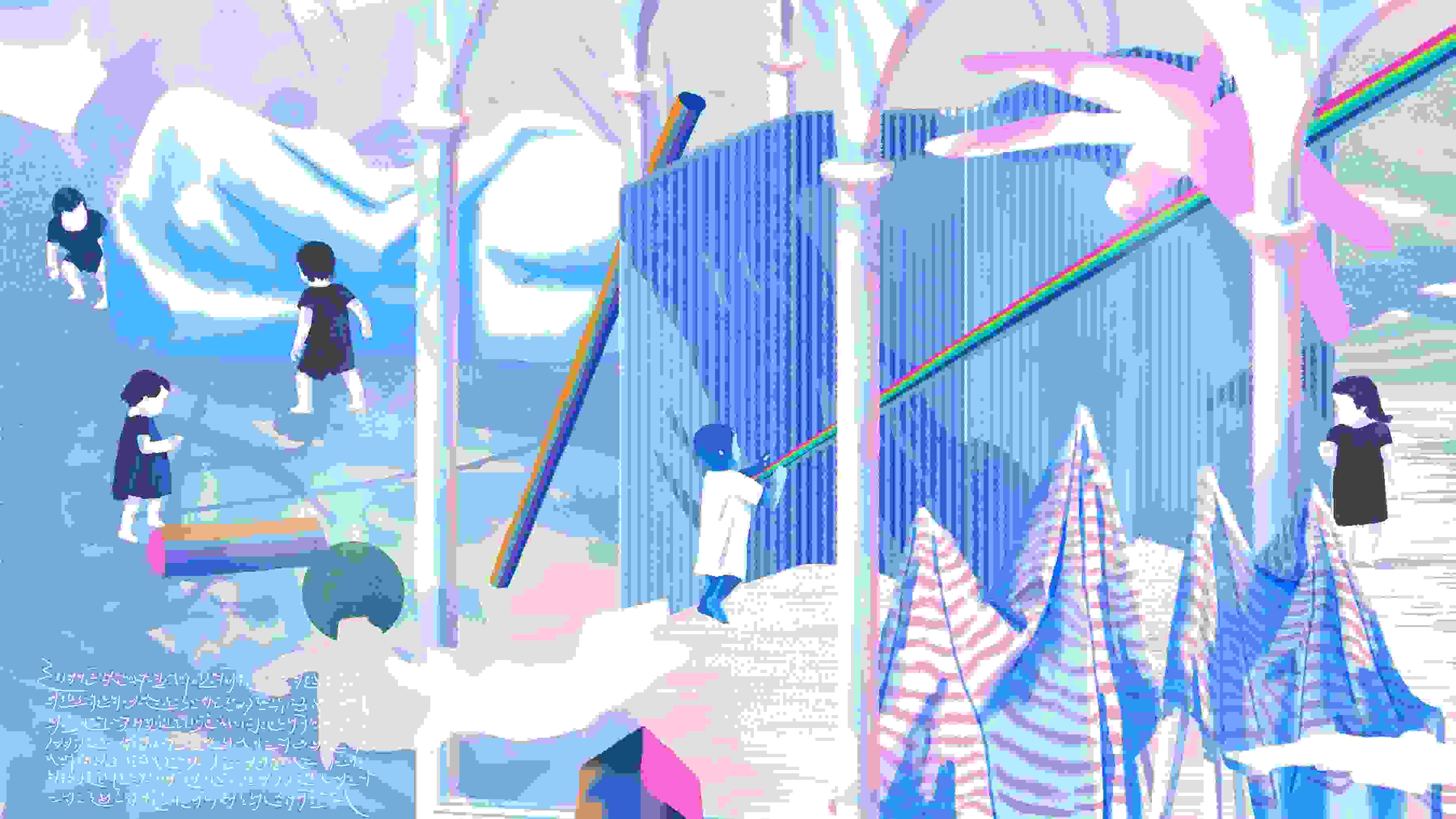 Illustration of an abstracted landscape with tents and arches, and children playing in hues of blue and pink.