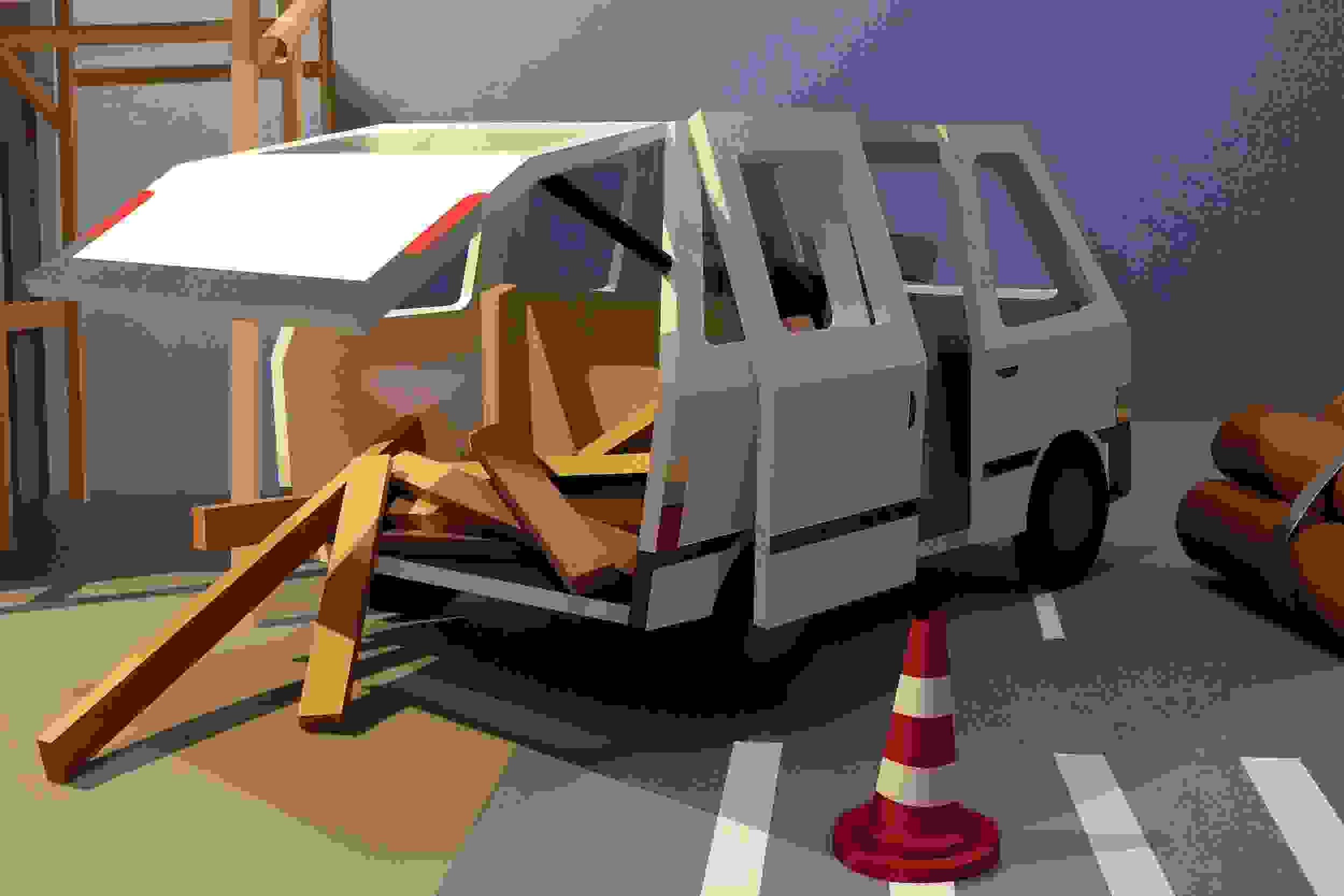 a white van on a street, with an open trunk and lumber spilling from the back. The entire scene is made of paper.