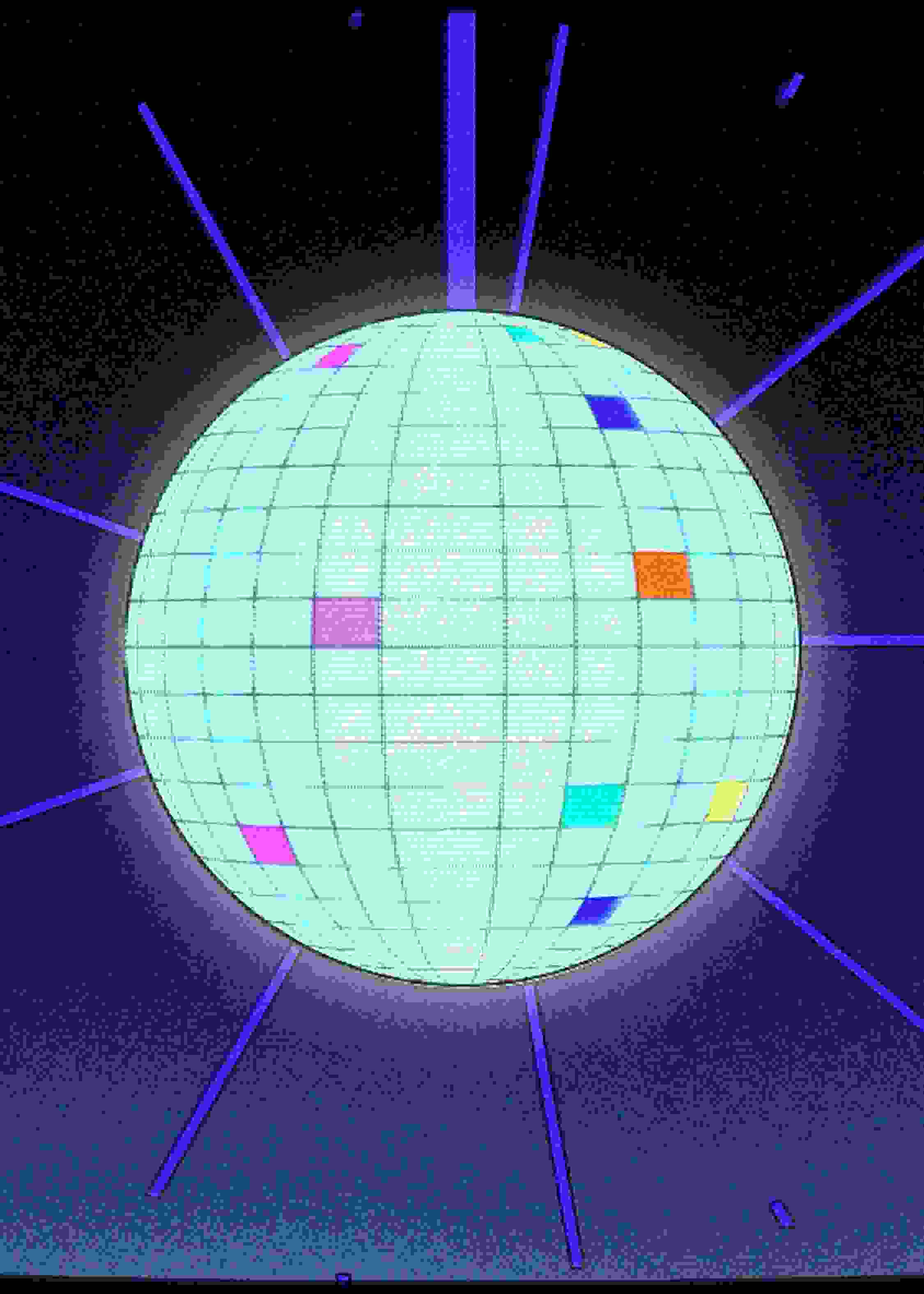 Illustration of a retro disco ball emanating baby blue light.