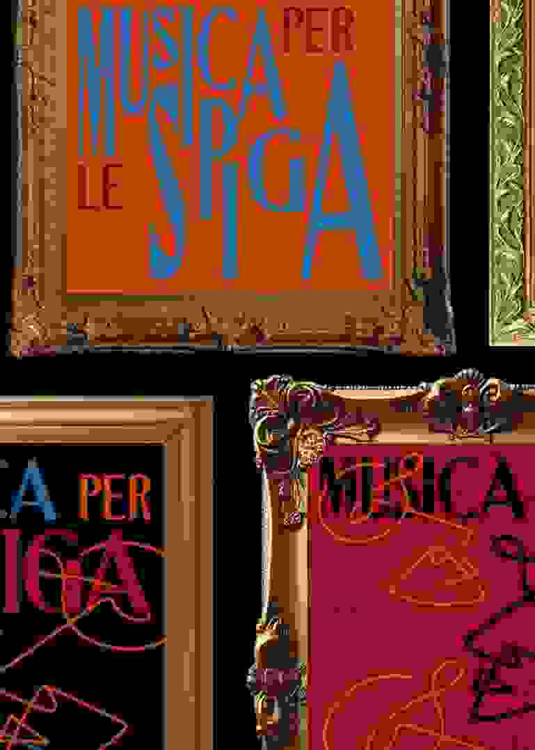 Mock-ups of musical concert posters overlayed with elaborate gold picture frames.