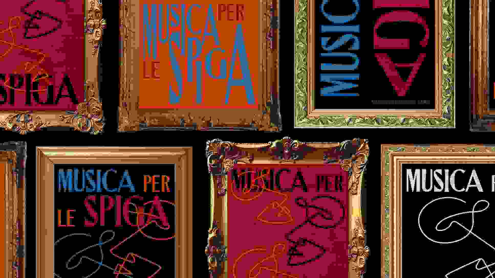 Mock-ups of musical concert posters overlayed with elaborate gold picture frames.