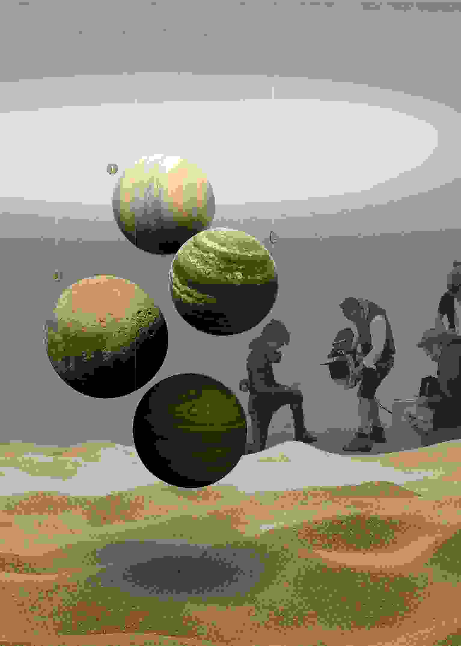 Rendering of an exhibition design for the film director Denis Villeneuve, which features a huge, undulating sand installation and planet-like orbs suspended from the ceiling.