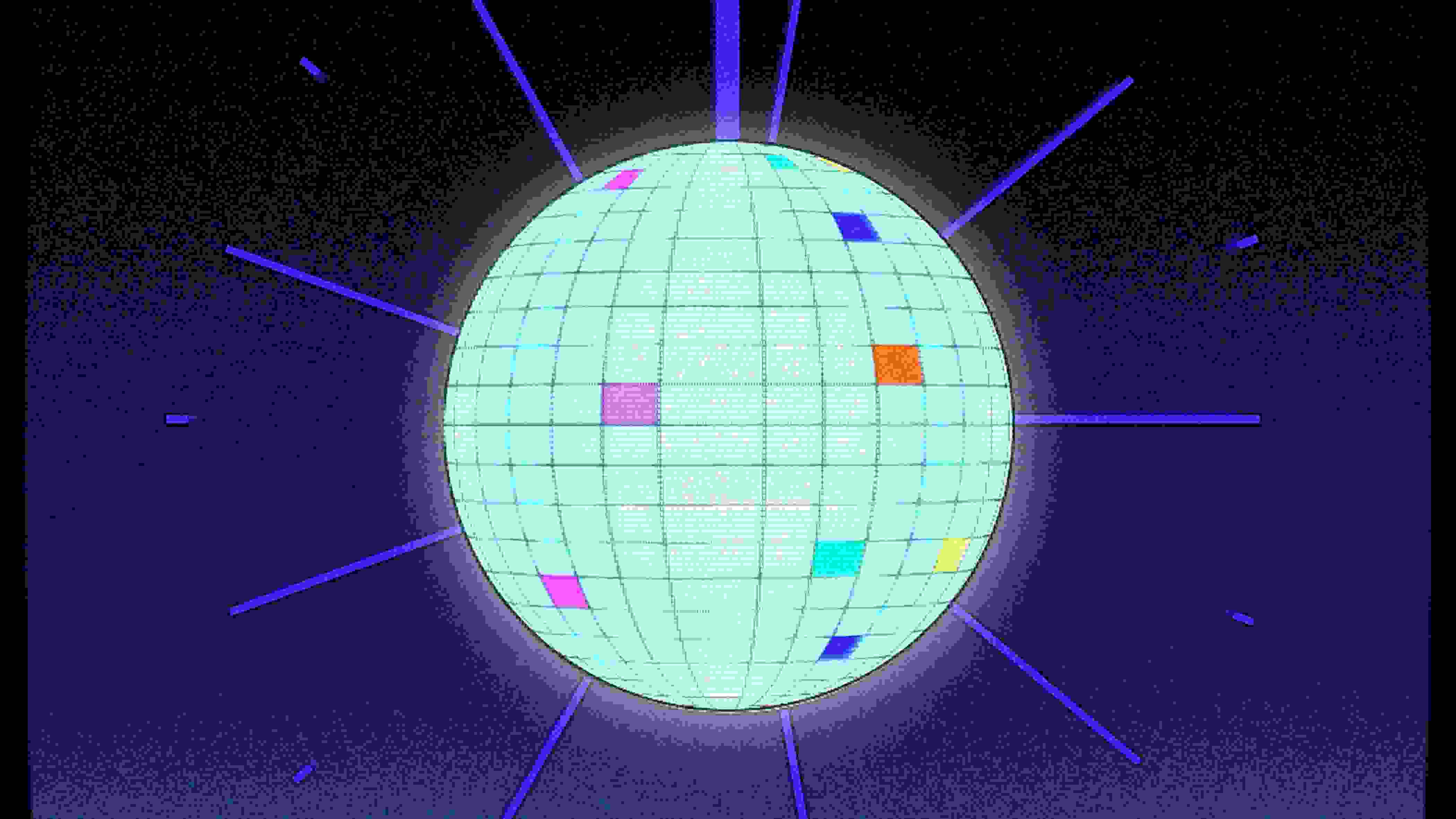 Illustration of a retro disco ball emanating baby blue light.
