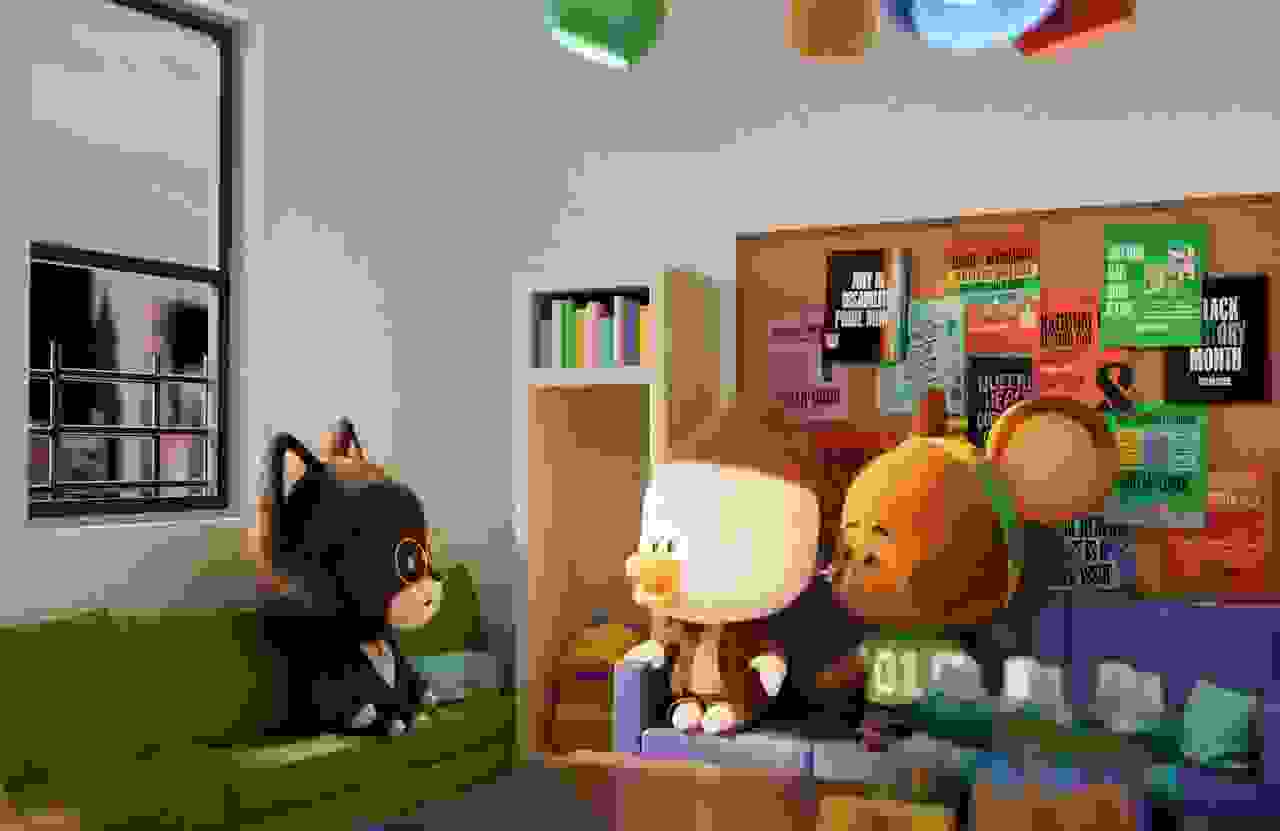 a computer animated scene of animals sitting on a couch