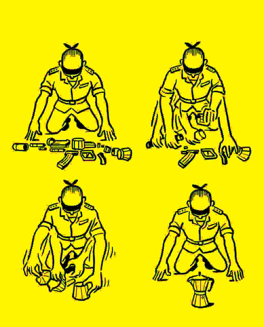 An illustration of a blindfolded man assembling a gun into a teapot.