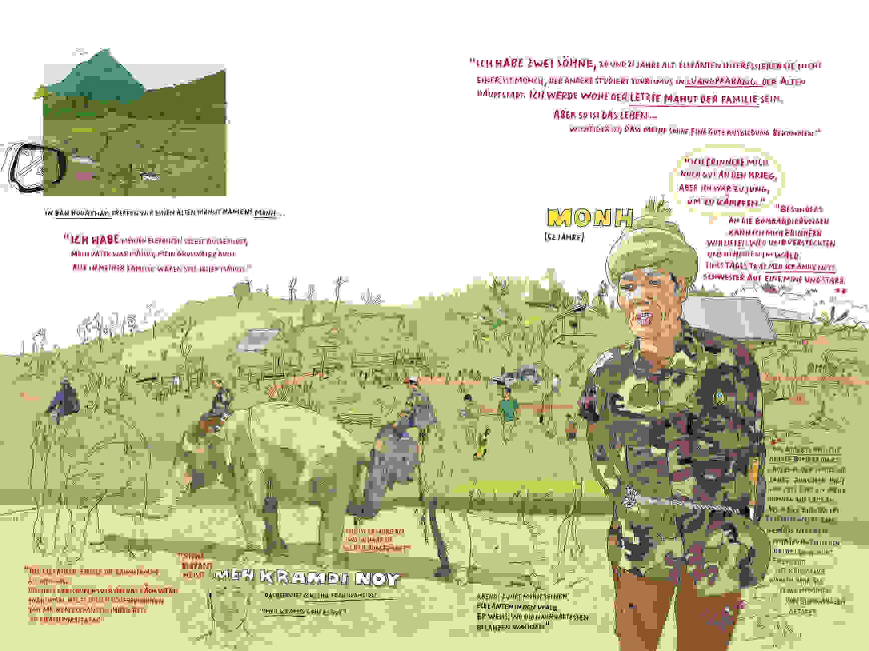 Depiction of a soldier and elephants at a campground.
