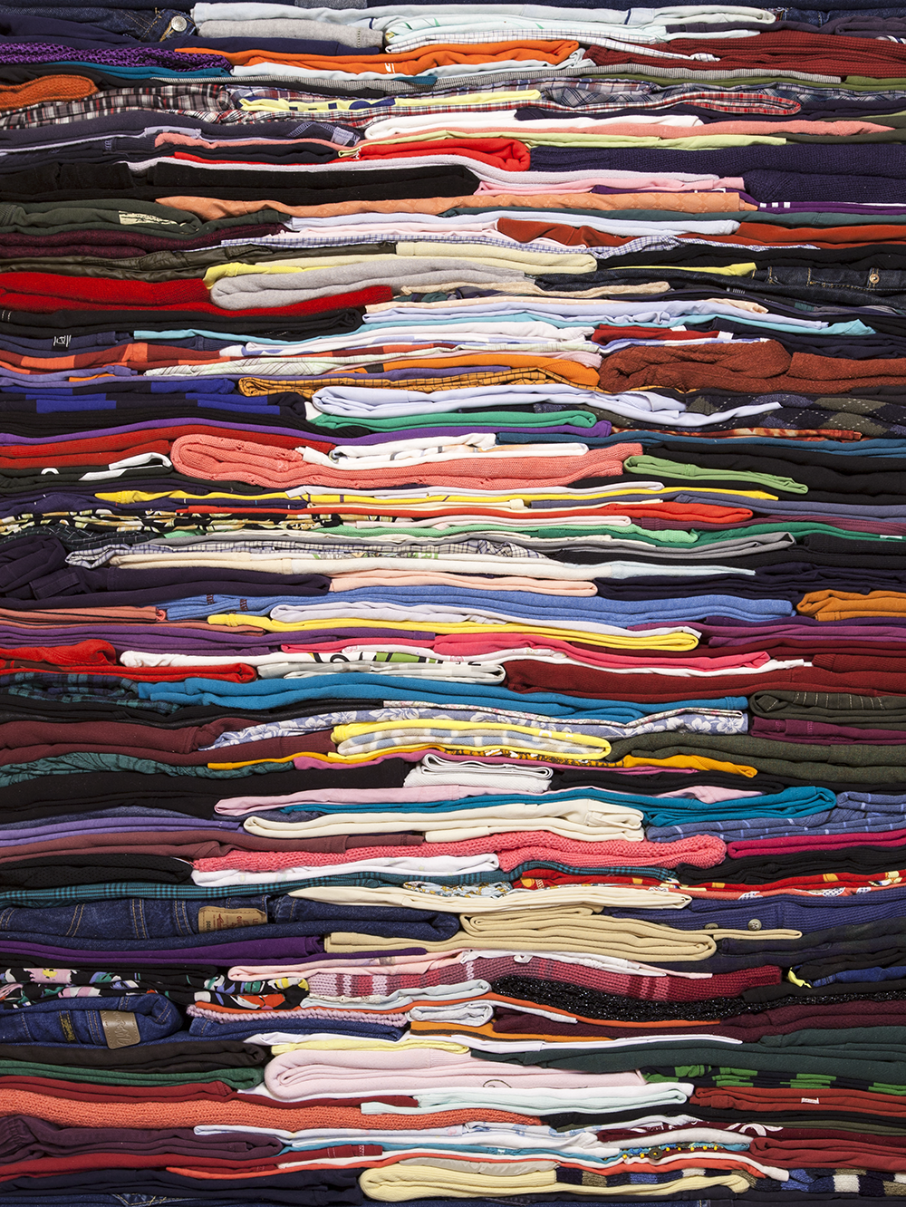 Derrick Melander, <em>Trace</em> (detail), 2016, folded secondhand clothing, steel and wood frame.