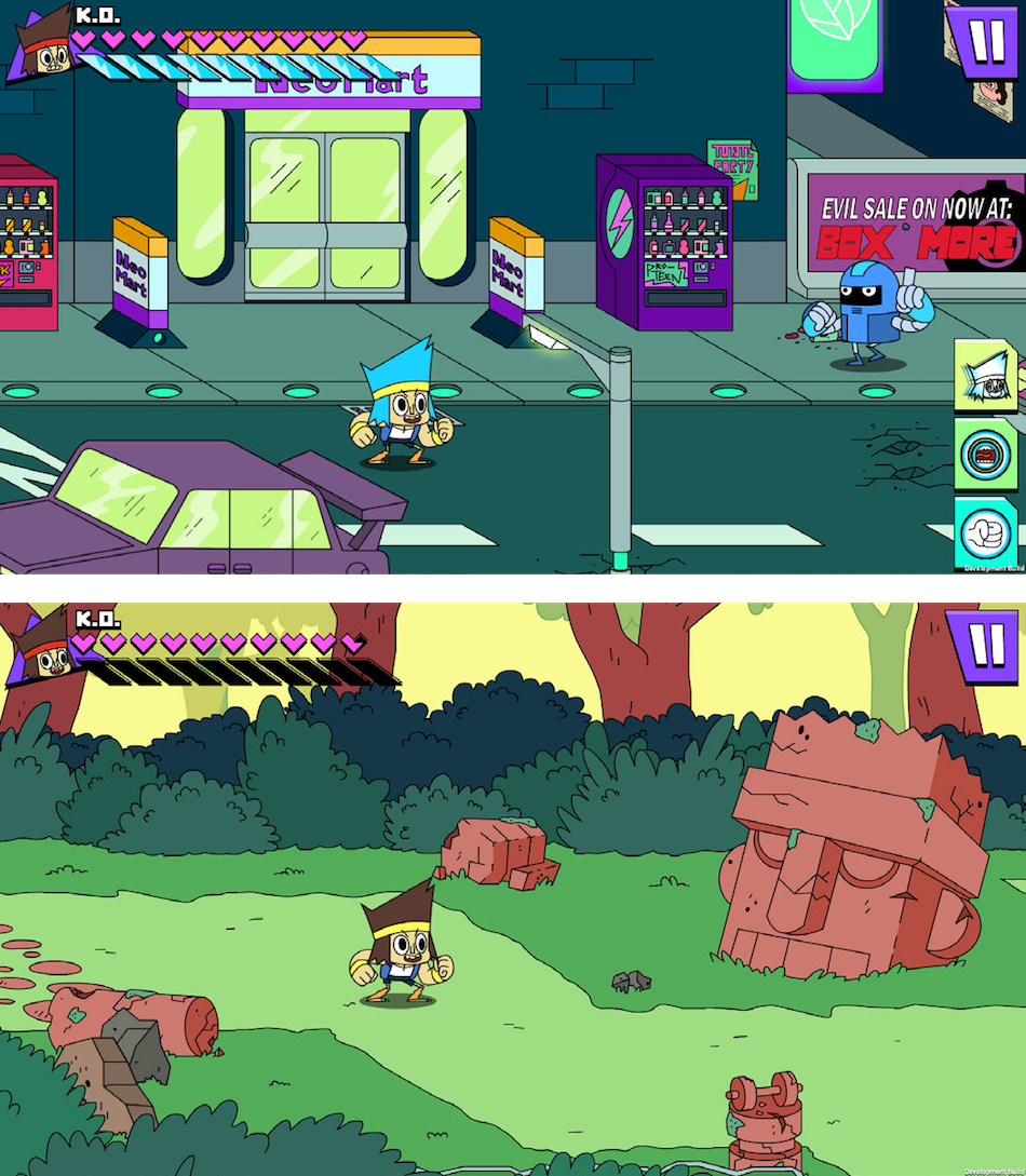 <p "="">Two video game stills, one showing the character in a nighttime city setting, another showing him in a wooded area surrounded by stone ruins.