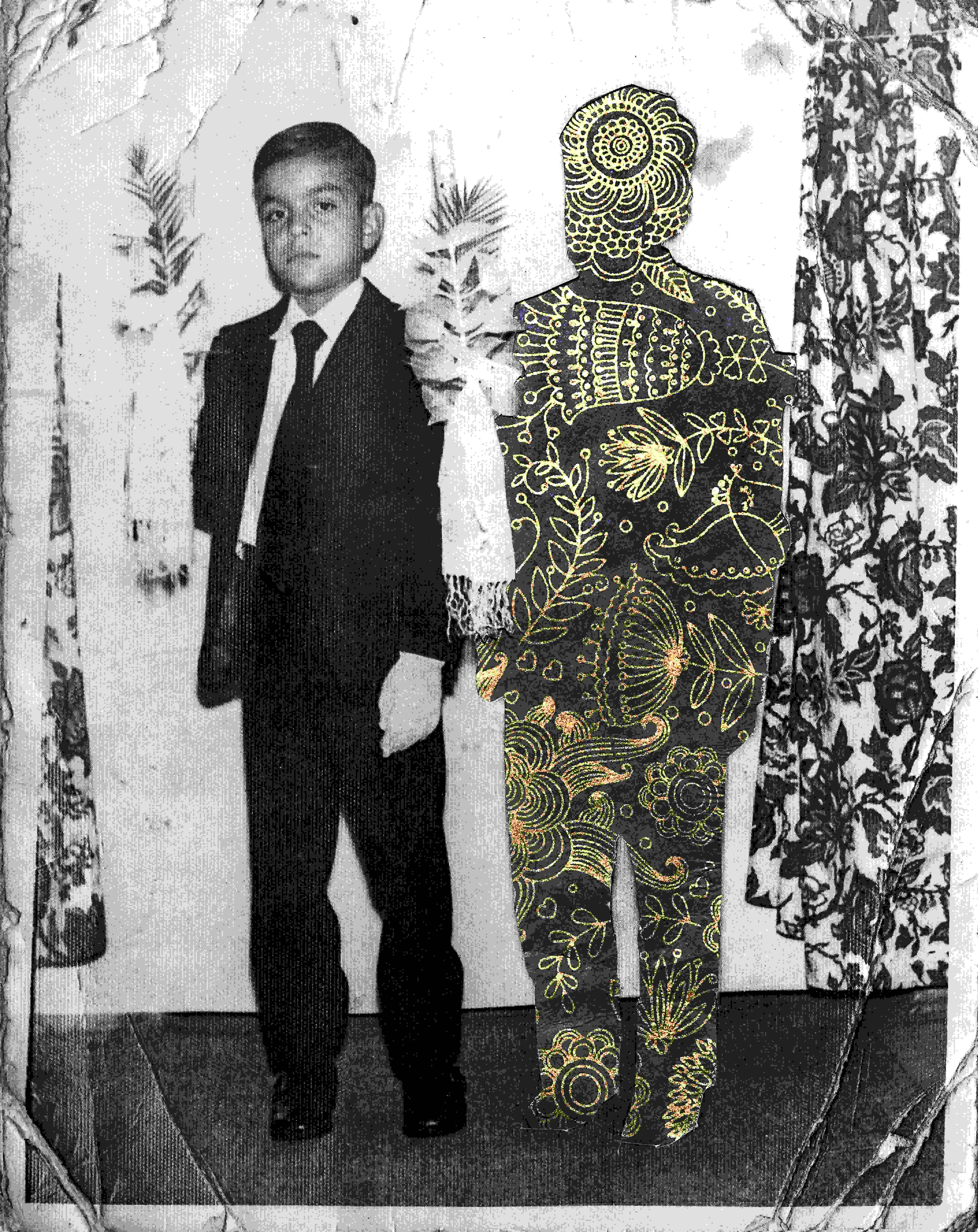 <p "="">A collage incorporating a black-and-white family photograph of a boy wearing a suit and a silhouette of a figure cut from a floral pattern.