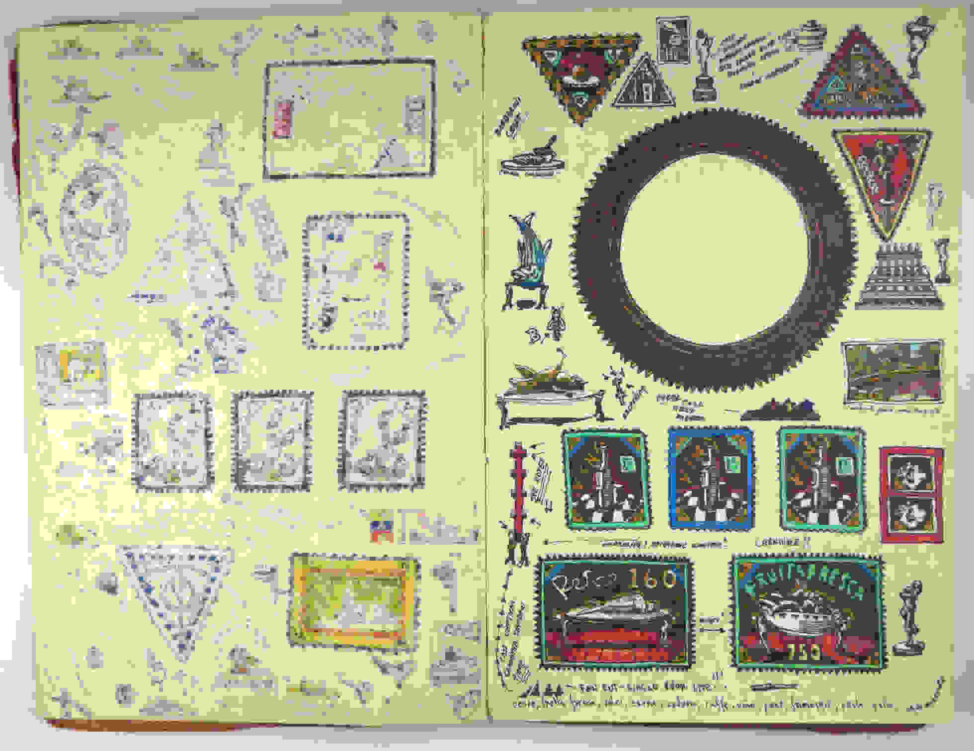 a notebook with old stamps and symbols