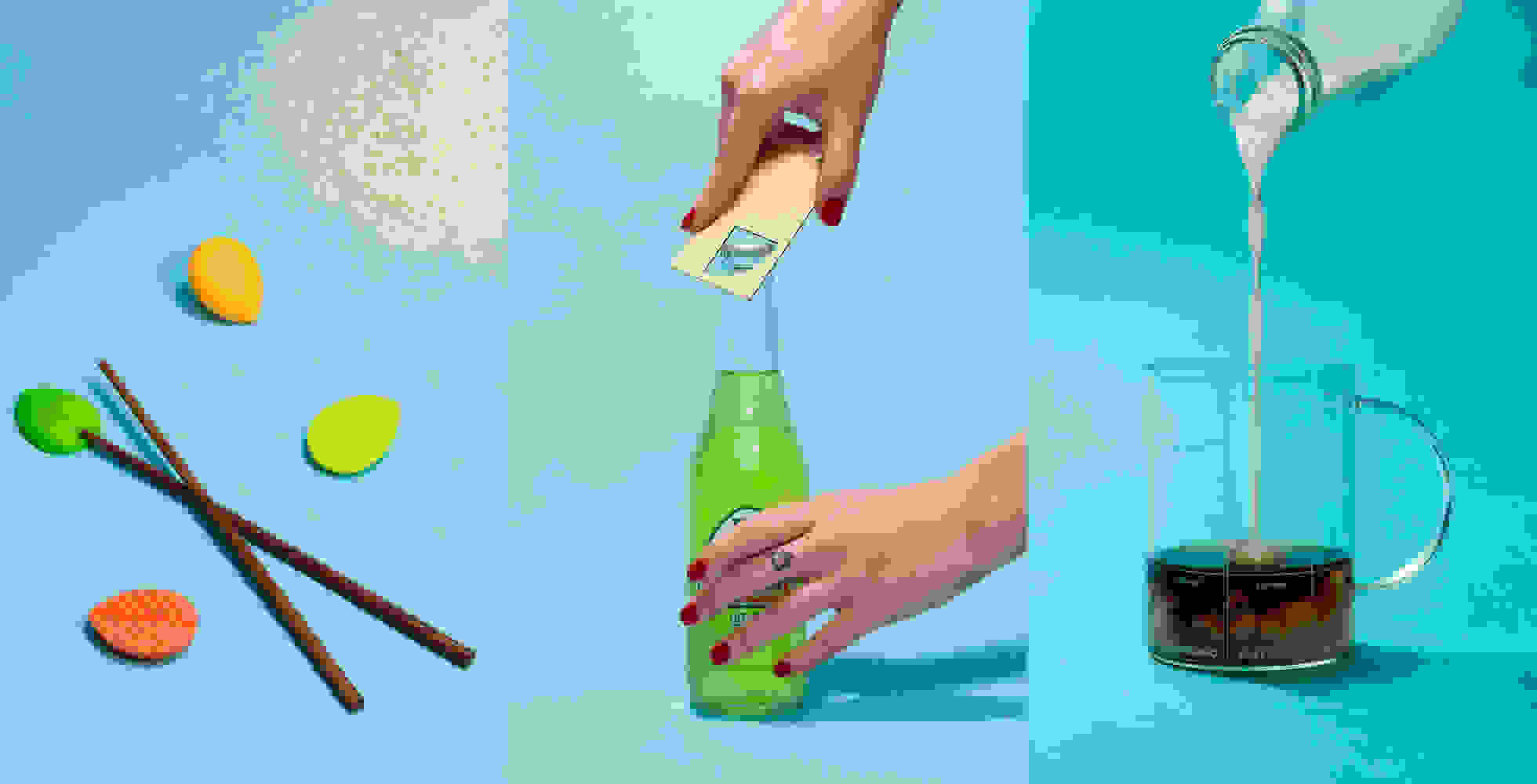 Chopsticks with rice, a bottle being opened and milk being poured into coffee.