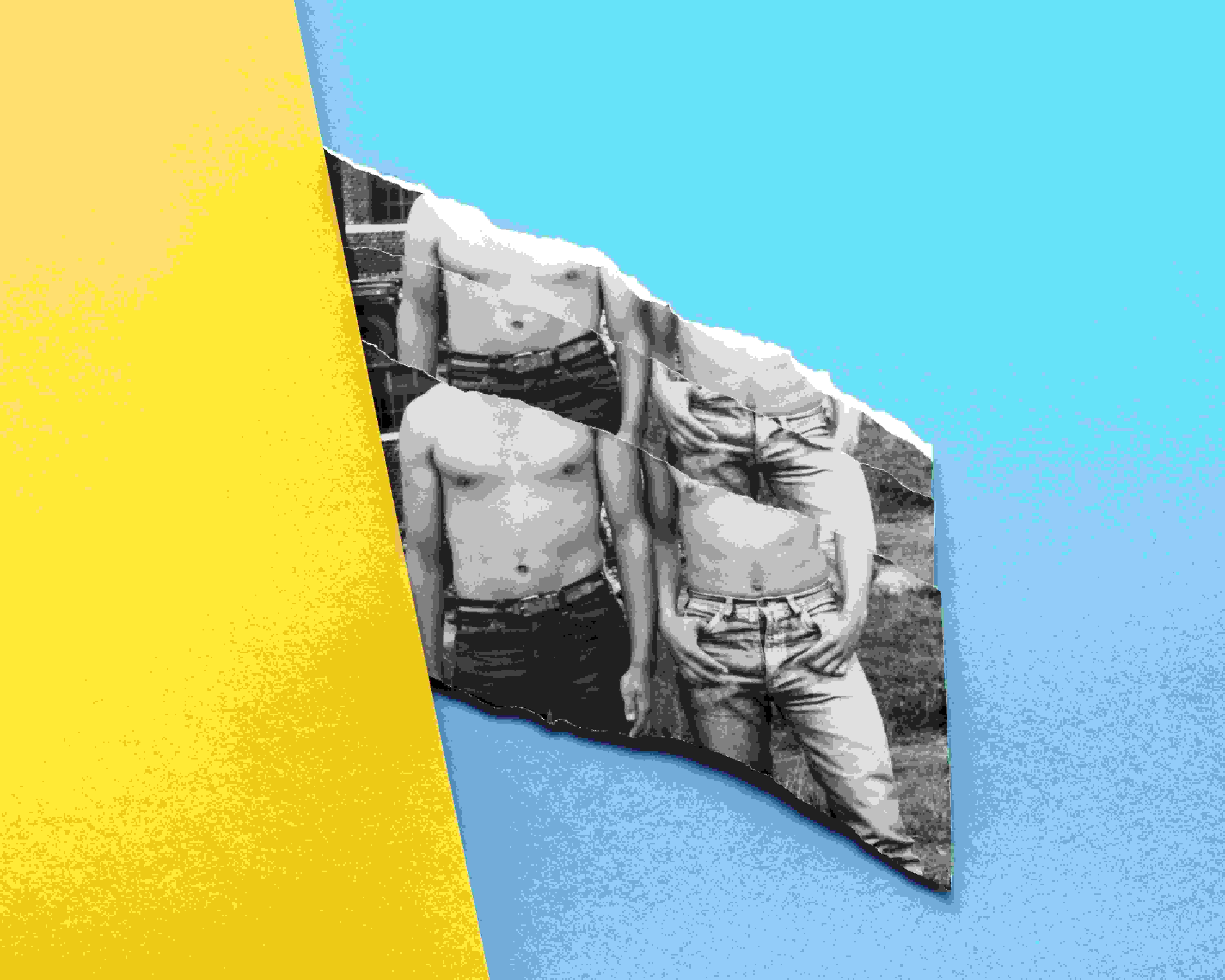 <p "="">A collage featuring a torn and repeated black-and-white photograph of two men's bare-chested torsos and solid yellow and blue shapes.
