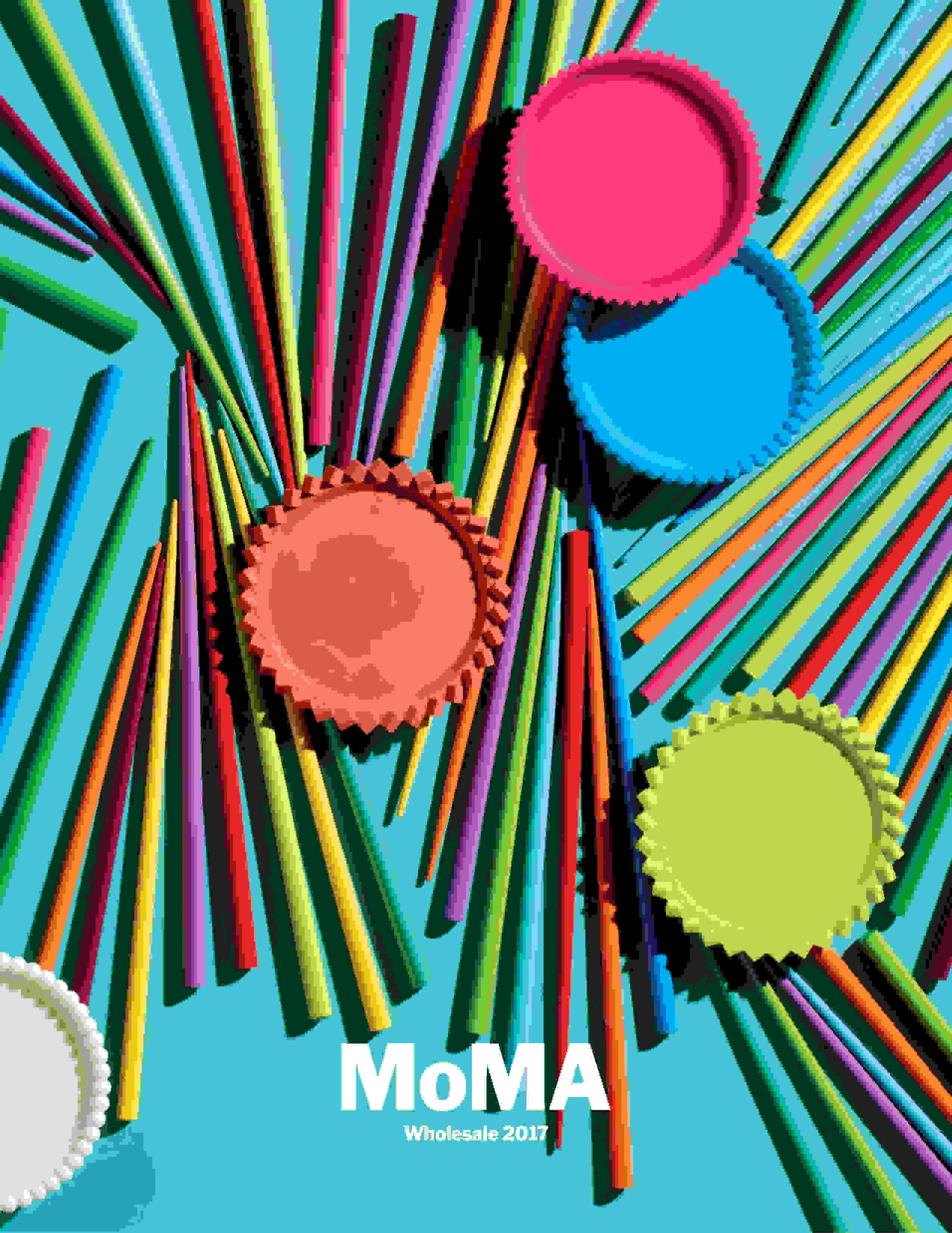 MOMA Wholesale 2017 poster with brightly colored sticks and round shapes on a cyan background.