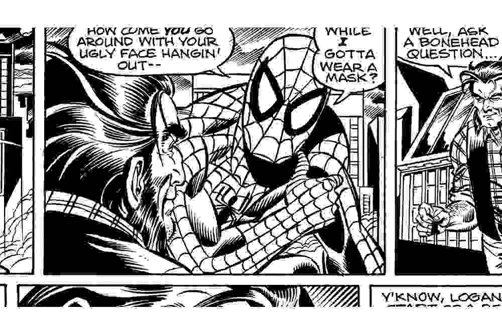 A portion of a black and white Spider-Man graphic image.