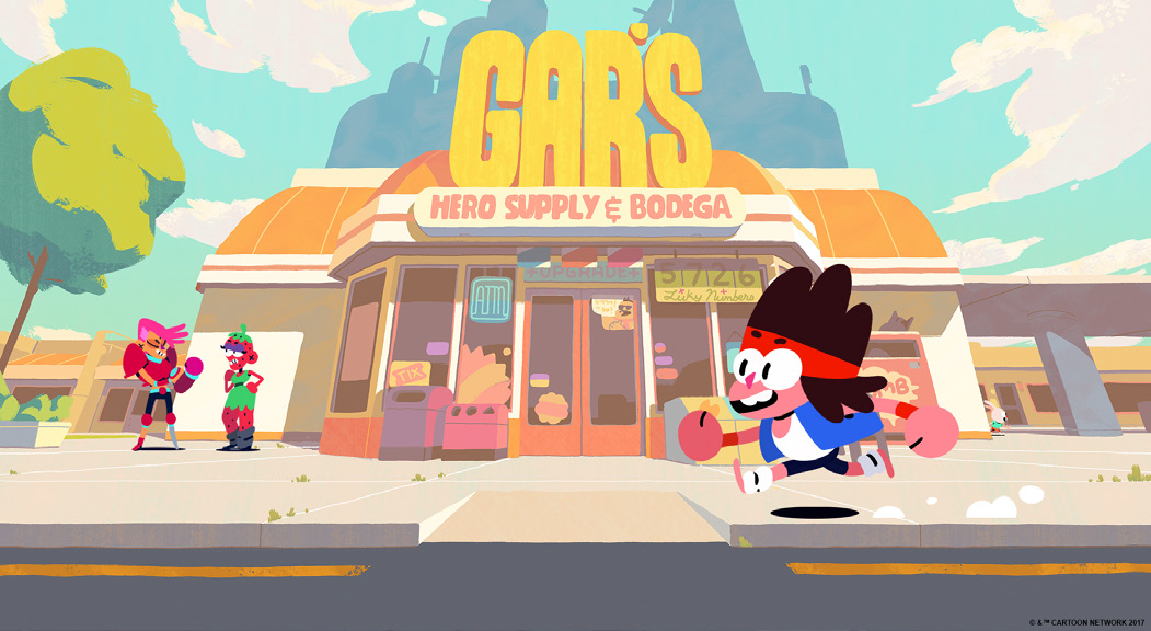 <p "="">A video-game character runs down the sidewalk in front of a grocery store.
