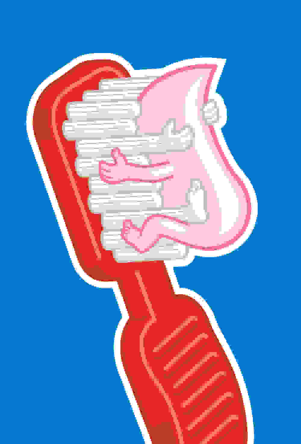 Cartoon toothbrush and toothpaste hugging.