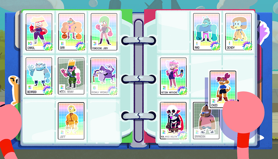 <p "="">A view of a three-ring binder with its plastic sleeves holding trading cards featuring characters from <em>OK K.O.!</em>
