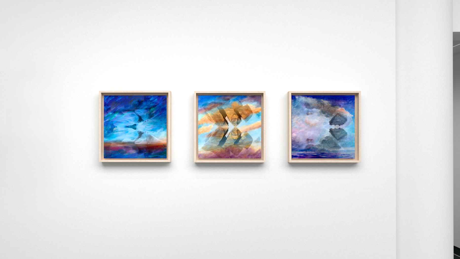 Three color photographs in light wood frames.