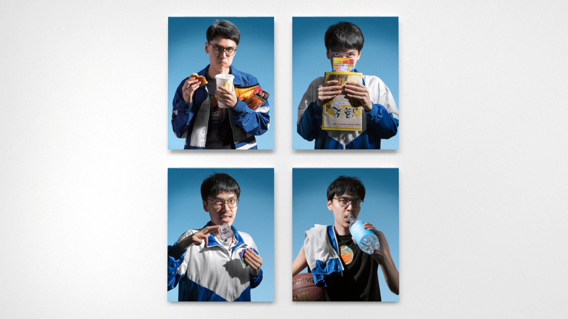 Four color photographs on panels, arranged in a 2 x 2 grid, each depicting a figure with an article based in pop culture