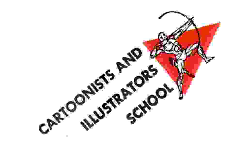 VINTAGE logo of the former Cartoonists and Illustrators School, now known as School of Visual Arts. It. has the schools name in all caps sans serif font, with a red triangle ; superimposed on the triangle ia a brawny figure with a bow and arrow