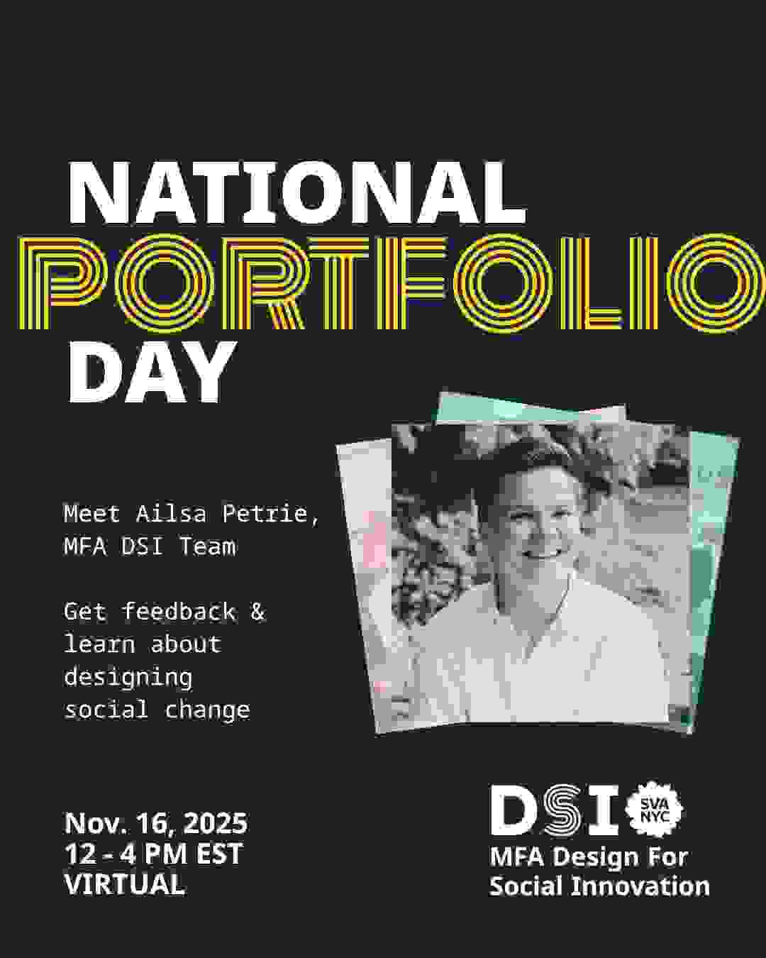 Black background with black and white headshot of Ailsa Petrie