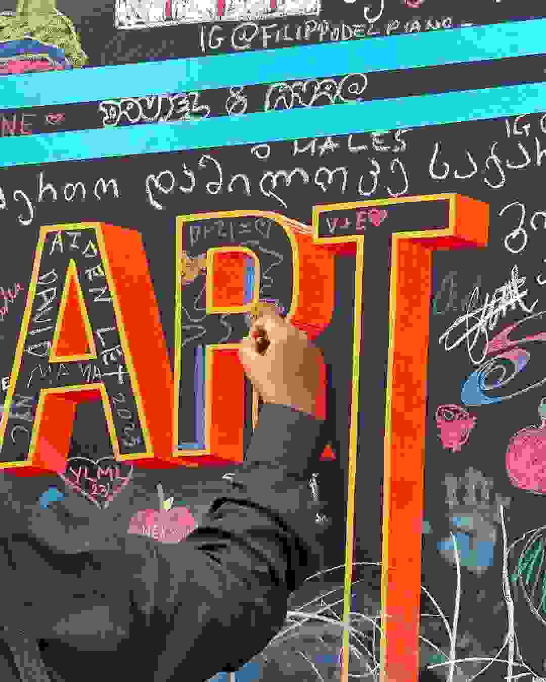 A hand draws with chalk on a chalkboard, filling in thick 3D letters that say "Art" with purple and orange squiggles.