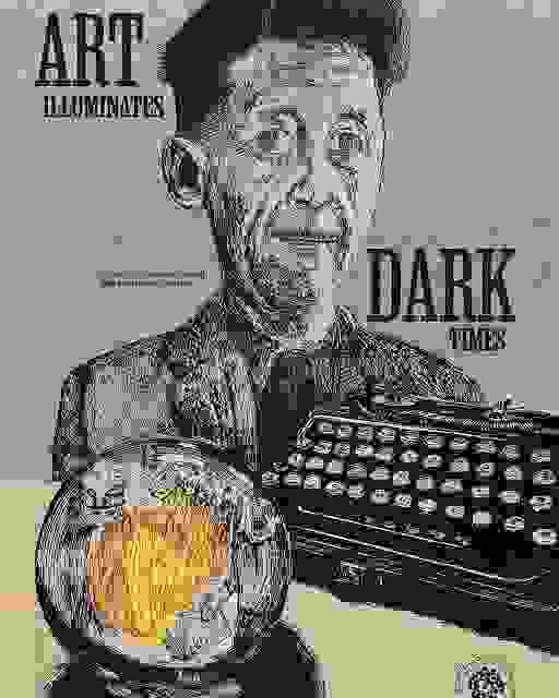 A gray poster depicting a gaunt looking man with a typewriter and a crystal ball depicting a group of people burning books.