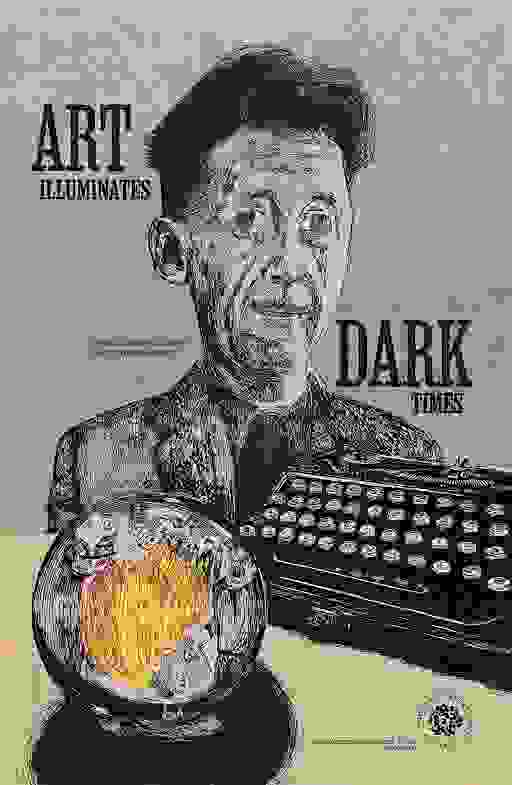 A gray poster depicting a gaunt looking man with a typewriter and a crystal ball depicting a group of people burning books.