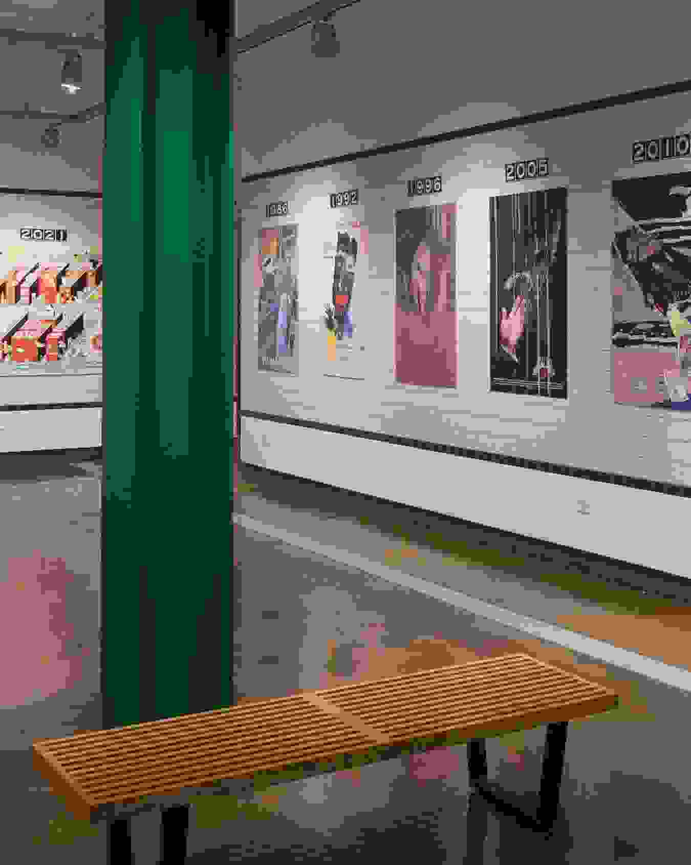 Exhibition of various SVA-produced subway posters ranging from 1986 to 2021