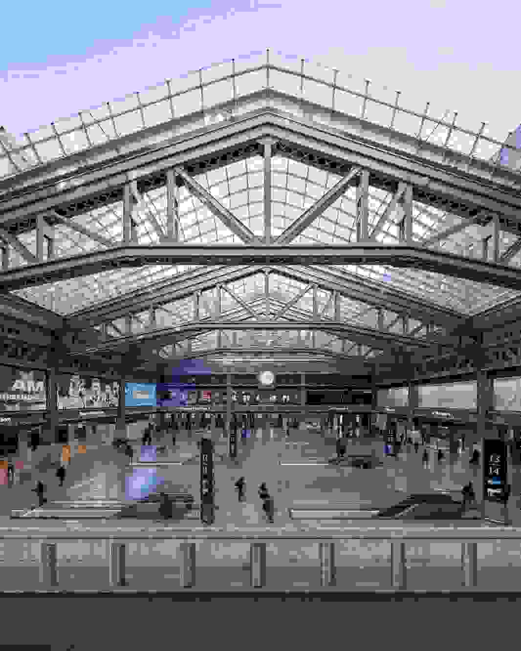 a composite image of NYC's Moynihan Train Hall that shows both the interior and exterior of the building.