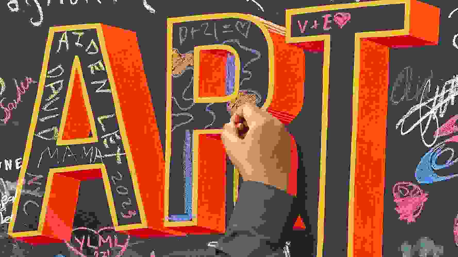A hand draws with chalk on a chalkboard, filling in thick 3D letters that say "Art" with purple and orange squiggles.
