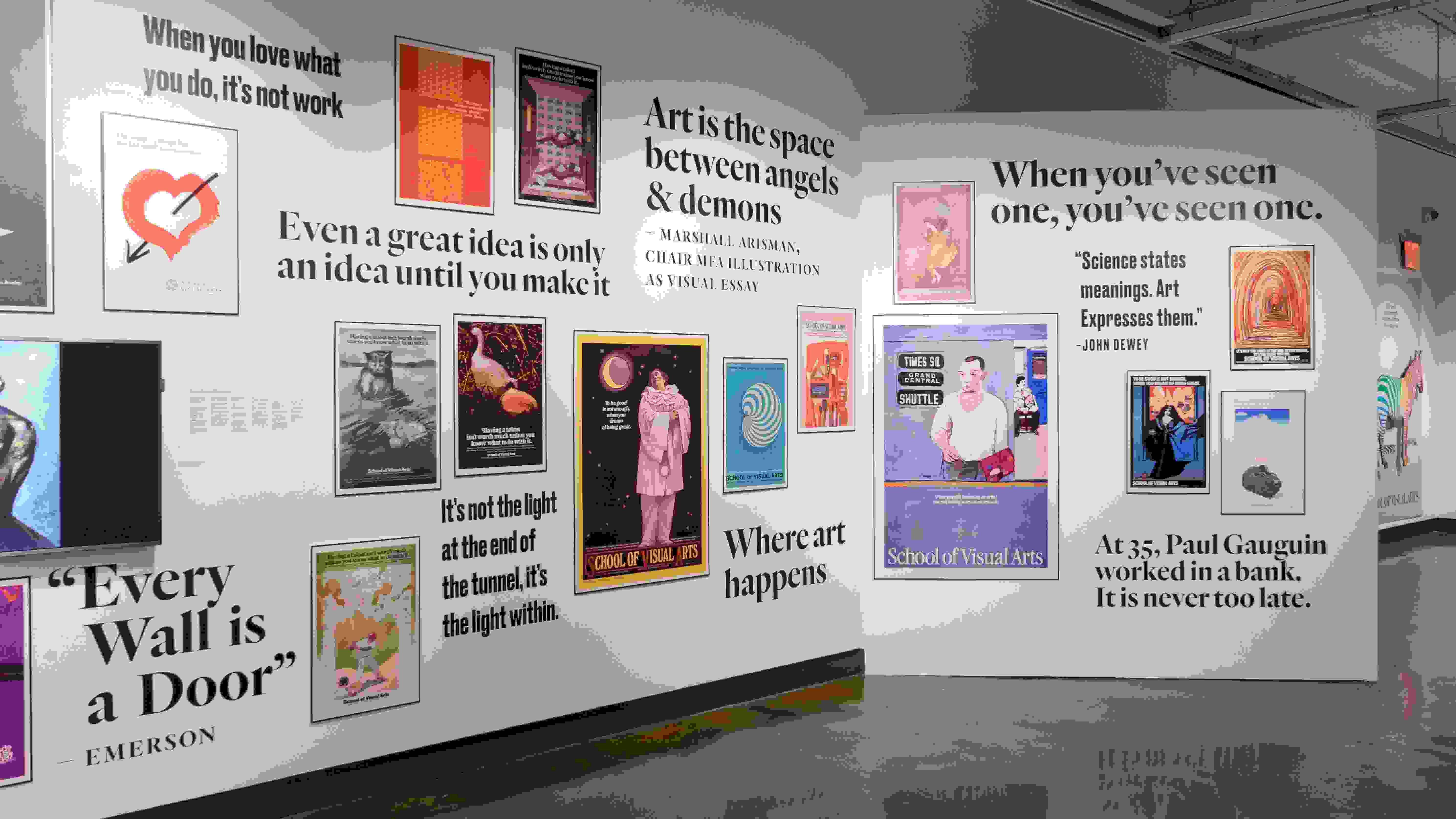 Wall at a gallery with pull quotes and imagery from past SVA Subway posters in celebration of the College’s 75th anniversary.