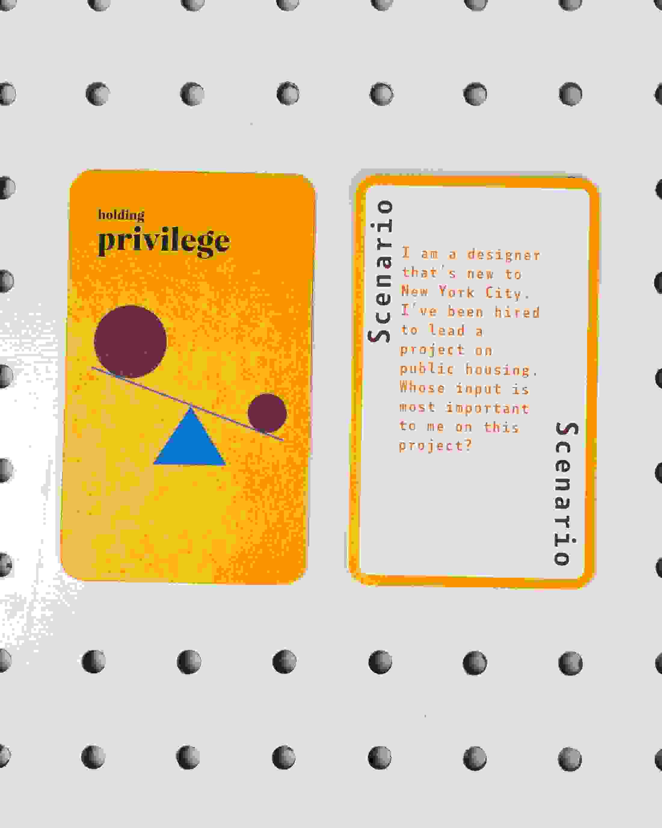 Prototype for a card game with five cards on display: 1.) Front: a random scenario Back: "Holding privilege" with a tipped scale. Four factoid cards display info on generational wealth, Latinx, Native/Indigenous and marriage