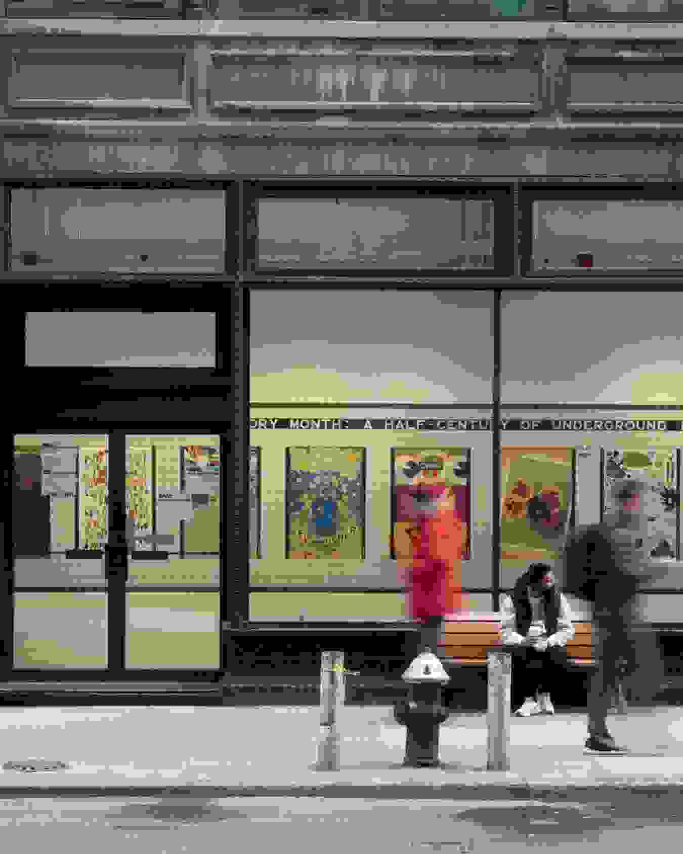 Street view of Flatiron Window space during Women’s History Month subway posters exhibition.