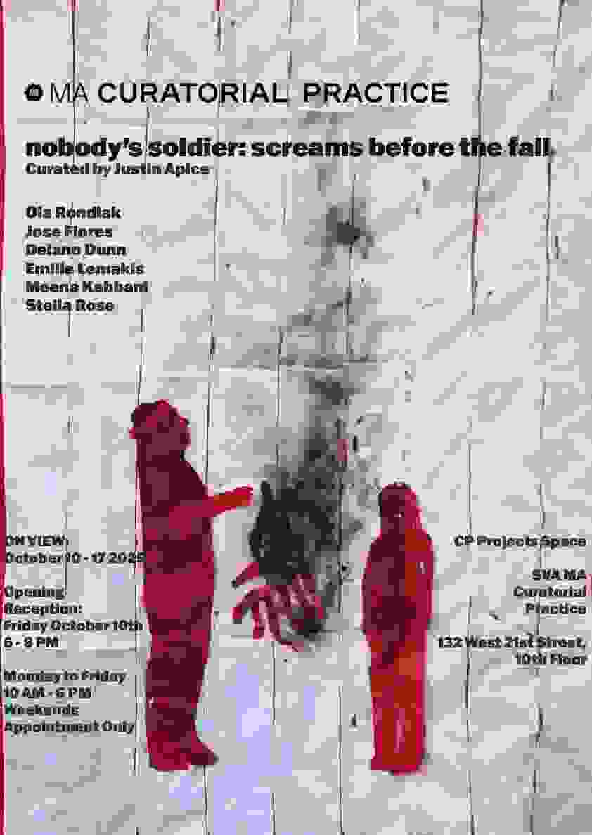 exhibition poster featuring two red figures, one holing a smoldering American flag while the other stands next to it
