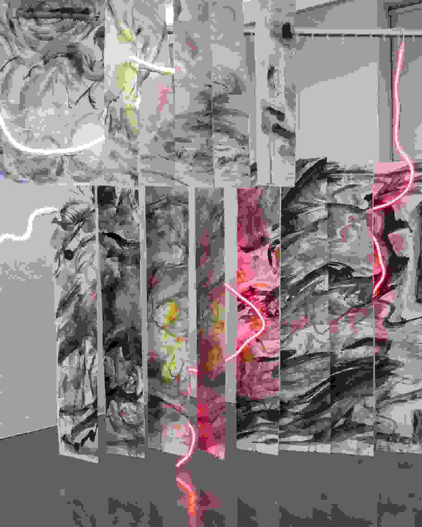 Painted panels with freeform neon stringed lights weaved throughout